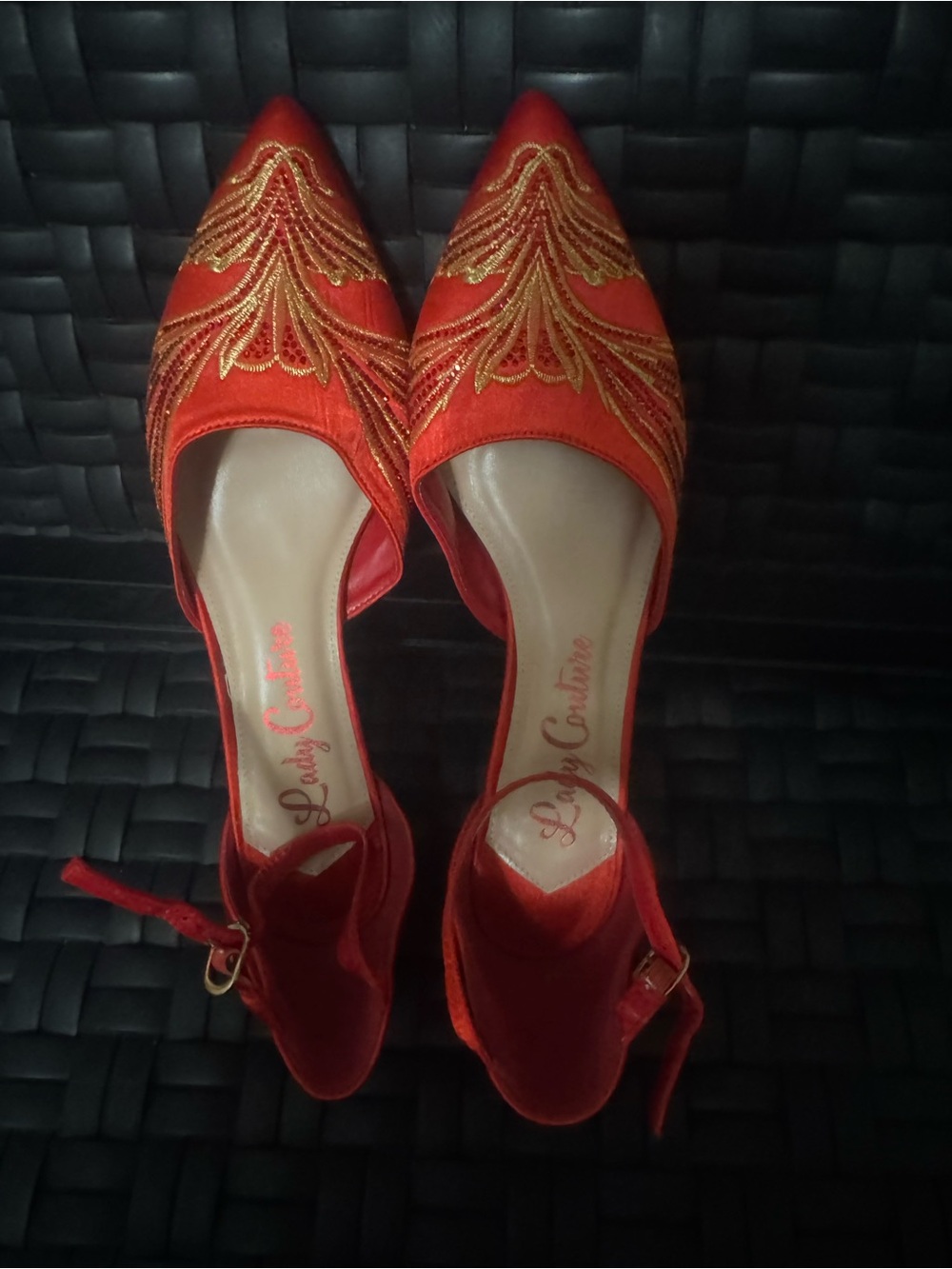 Size 13 Red & Gold Embroidered Pointed-Toe Women's Dressy Flats Kitten Heel NEW